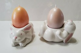 2 Easter Bunny Candle Holders with Candle Eggs Ceramic  - £18.19 GBP