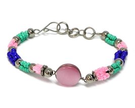 Mia Jewel Shop Round Cat&#39;s Eye Glass Bead Crystal Multicolored Silver Beaded Rop - £9.43 GBP