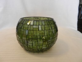 Round Green Glass Candy Bowl or Candle Bowl, Glass Tile Design - $50.00