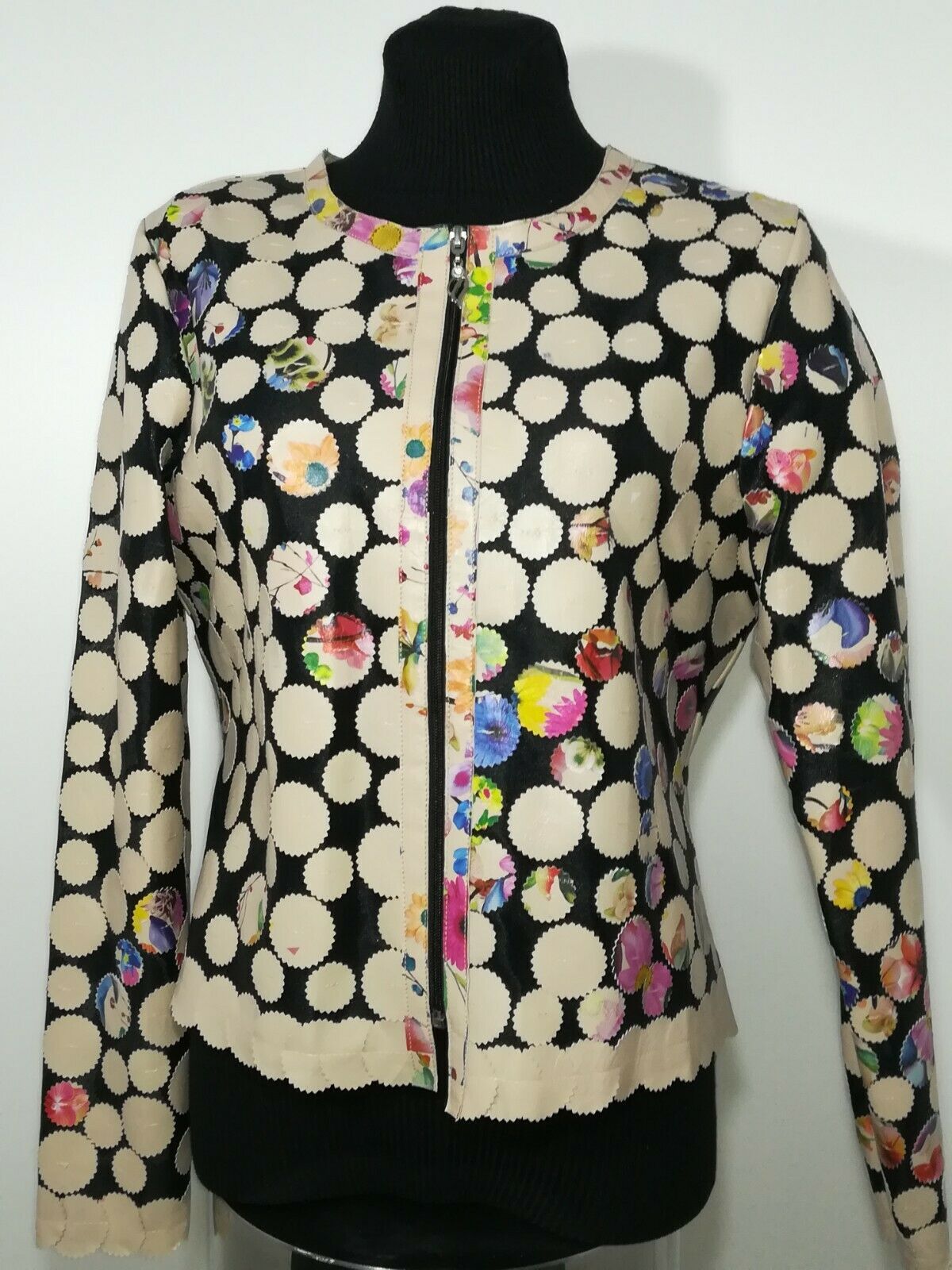Primary image for Flower Pattern Beige Leather Jacket Woman Coat Women Zip Short Light Round D7