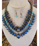 WOMEN&#39;S LADIES BLUE SHADED FACETED  PENDANT BEADED  BIB NECKLACE AND EAR... - £13.28 GBP