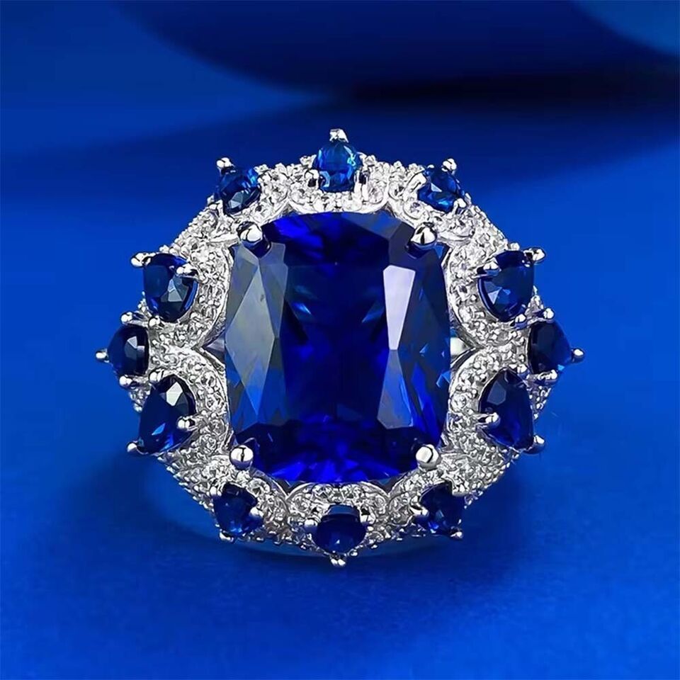 Cushion Created Sapphire & Diamond 14K White Gold Plated Ladies Engagement Ring Item image 2