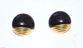 vintage round plastic earrings pierced black gold - £1.55 GBP