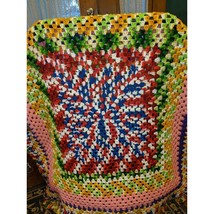 Hand Made Crochet Knit Afghan Throw Lap Blanket 42&quot; X 51&quot; Multicolored Fringe - £23.89 GBP