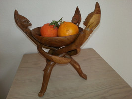 Vintage African Interlocking Solid Wooden Figurines Carved Bowl And Tribal Stand - £50.47 GBP