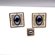 Vintage Anson Hematite Cuff Links and Tie Tack, Oval Cabochon Stone on Brushed - £39.39 GBP