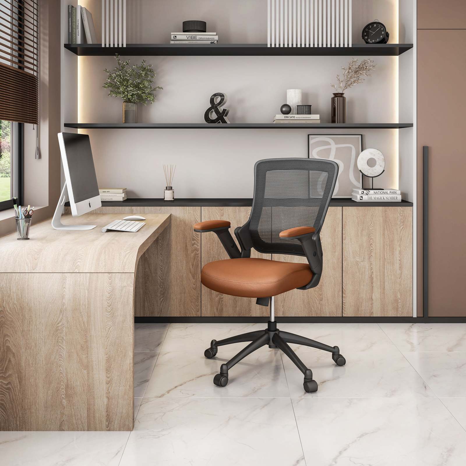 Techni Mobili Mid-Back Mesh Task Office Chair with Height Adjustable Arms, Brown - $142.99