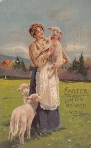 Easter Joy Be With YOU-WOMAN Holding LAMB~1910 Embossed Postcard - £7.88 GBP