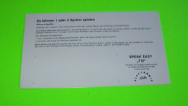 Speakeasy 1982 German Text Nos Orig. Pinball Machine Instruction Card - £10.43 GBP