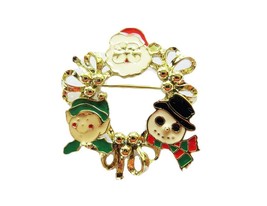 Danecraft Gold - Plated Christmas Wreath Santa Claus Pin Brooch - £10.12 GBP
