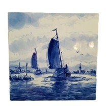 Delft Tile Hand painted Holland Vintage Blue White Trivet Water Boat SailBoat - £60.08 GBP