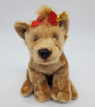 Demdaco Puppy Dog Terrier Brown Gray w Red Bow Sitting 6&quot; Plush Stuffed Toy B96 - £7.81 GBP
