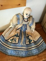 Handmade Painted Face Folk Art Doll in Antique Repurposed European Blue Embroide - £15.32 GBP