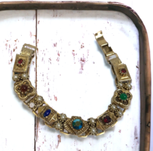 Vintage Charm Link Bracelet Victorian Revival Colorful Caobochon Rhinestone - £23.32 GBP
