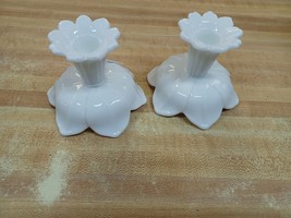 Westmoreland Milk Glass Lotus Candle Holders Pair Taper Pillar - £19.34 GBP