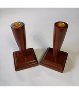 Wooden Candlestick Holders 2 Tapered Square Base Green Felt Bottom Mid C... - $300.17 MXN