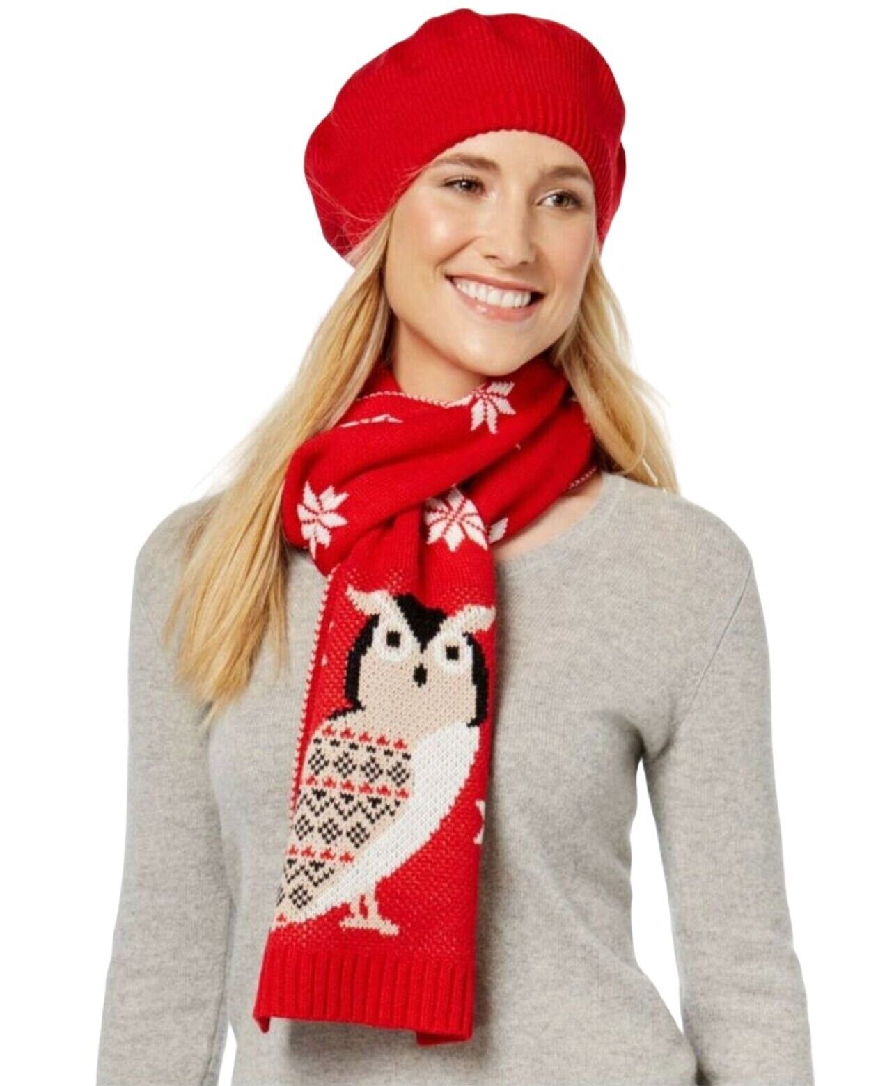 Primary image for Charter Club 2-Piece Gift Set Scarf Hat One Size Red Owl Snowflakes NEW