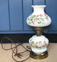 Vintage Hand Painted Pink Rose Floral Milk Glass Hurricane Lamp WORKS READ - £94.96 GBP