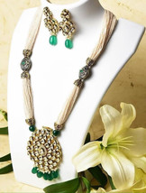 VeroniQ Trends-Indian Long Rani Haar Kundan/Polki Necklace Set in Emerald,Pearls - £59.95 GBP
