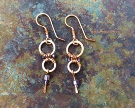 Handmade copper earrings: wire wrapped rings lavender beads and small dangle - £21.51 GBP
