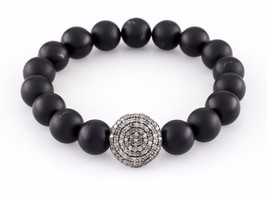 Onyx Beaded Stretch Bracelet w/ Pave Diamond Charm! Nice Gift - $10,844.01 MXN