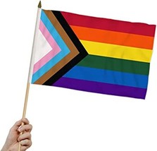 Progress Pride Rainbow Flag 12x18 Inch Hand Flag On Stick LGBTQ LGBTQIA+ - £4.24 GBP