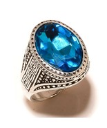 Blue Topaz Lab Made Gemstone 925 Silver Overlay Handmade Vintage Ring US... - £9.58 GBP