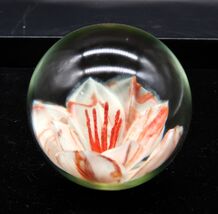 Vtg Round Glass Handmade Paperweight White &amp; Coral Flower Unsigned 3" Un... - $24.99