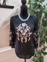 Grand &amp; Greene Women Black Embroidered Floral Boat Neck Long Sleeve Top Blouse S - £20.24 GBP