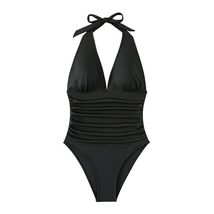 Vintage V-Neck Halter Monokini Swimsuit for Women, Solid Color, One Piec... - $29.25