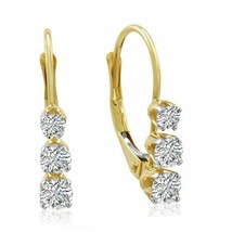 0.50CT Three-Stone Leverback Diamond Earrings 14k Yellow Gold - £337.63 GBP