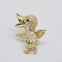 Vintage GERRY&#39;S Gold Tone Baby Bird Brooch Green Rhinestone Eye Hatchlin... - $16.95