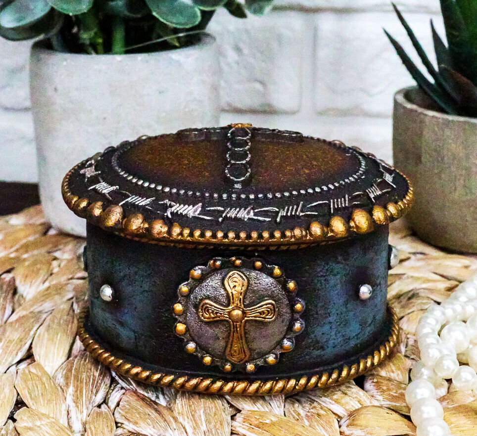 Rustic Western Cowboy Horseshoes Cross Golden Ropes Decorative Jewelry Box - $19.99