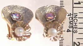 Vintage Jewelry Clip-on Earrings Gold-tone with Opal Pearl &amp; Rainbow Rhinestone - £34.45 GBP
