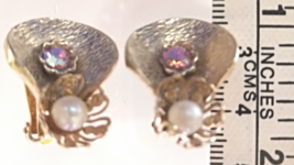 Vintage Jewelry Clip-on Earrings Gold-tone with Opal Pearl &amp; Rainbow Rhinestone - £35.38 GBP