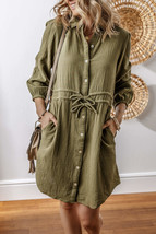 Jungle Green Textured Bracelet Sleeve Collared Button Up Dual Tied Mini Dress - $51.39