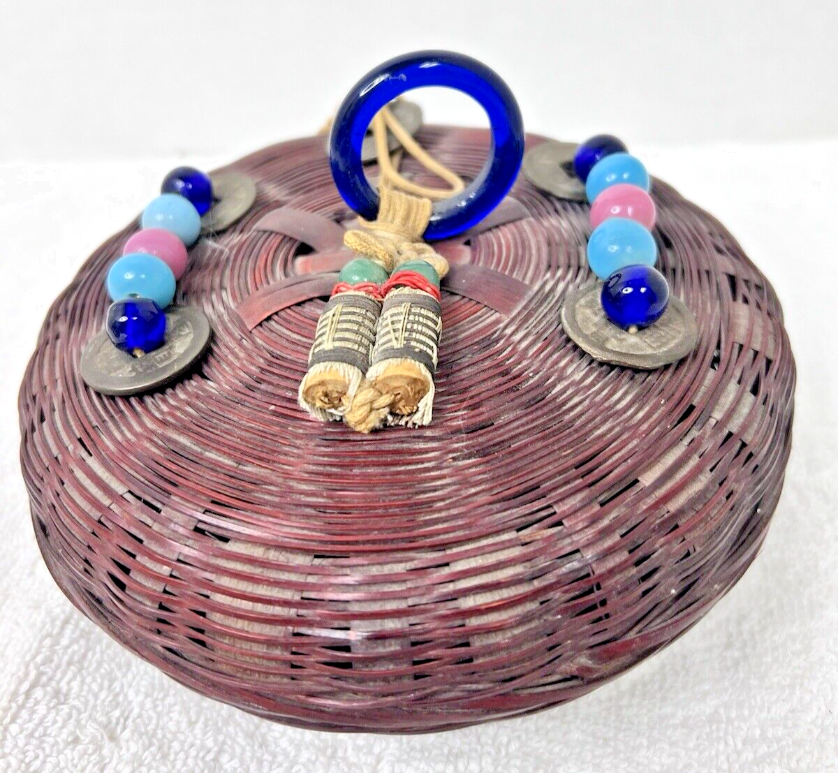 Vintage Chinese Peking Glass & Coin Sewing Basket 5 3/4 Inch Across Item image 2