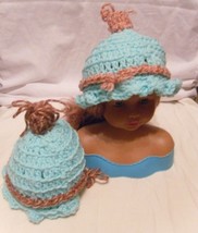 INFANT BABY Preemie to Newborn Seafoam Aqua w/trim Hats Ruffled Puff Top Twins - £12.98 GBP