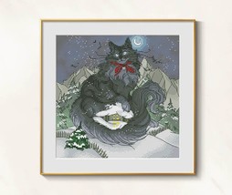 Yule Cross Stitch Black Cat Pattern Pdf - Halloween Embroidery Black Cat... - $13.99