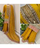 Pakistani Yellow Straight Style Embroidered Sequins Chiffon Sharara Dress,S - $163.35