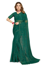 Designer Rama Hot Fix Siroski Stone Work Sari Simmer Silk Party Wear Saree - $69.95
