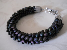 Kumihimo &quot;Dragon Scale&quot; Bracelet, Matte Black AB Long Magatama Beads - $29.00
