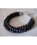 Kumihimo &quot;Dragon Scale&quot; Bracelet, Matte Black AB Long Magatama Beads - £22.80 GBP