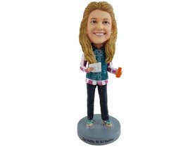 Custom Bobblehead Fancy looking girl reading a paper and drinking a nice juice - - £69.84 GBP