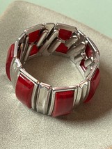 Vintage Wide Ridged Silver Metal w Red Swirl Plastic Rectangle Stretch Expansion - $24.13