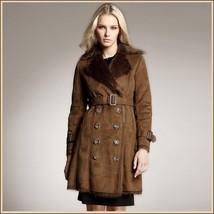 Brown Suede Faux Fur Big Lapel Collar Double Breasted Long Warm Trench Coat 