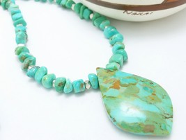 Kingman American Southwest Turquoise Pendant Beaded Sterling Necklace Blue-Green - $125.00