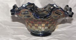Fenton Carnival Glass Blue Ruffled Basketweave Open Edge Amethyst Bowl Ruffled - £33.14 GBP