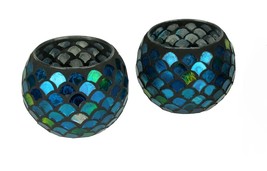 Blue Mosaic Glass Art Mermaid Scales Decorative Bowl 4 inch Set of 2 - $24.74
