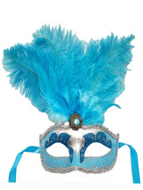 Turquoise Blue Silver Venetian Mask Feather Masquerade Mardi Gras 12&quot; - £12.54 GBP